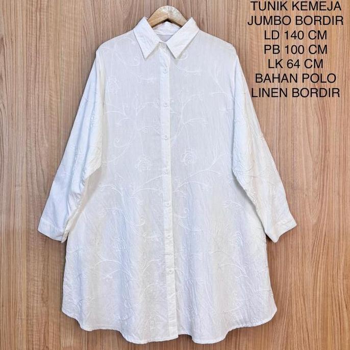 Promo Tunik Kemeja Putih Jumbo Wanita Ld 140 Cm Motif Full Bordir Kekinian COD