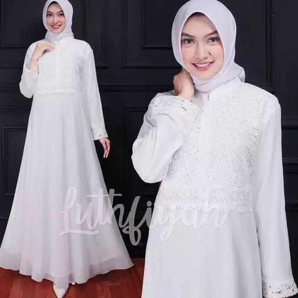 Gamis Ceruty Model Payung Cantik Mewah Polos Bunga Putih Kancing Muslim Panjang Nyaman Pesta Dalaman