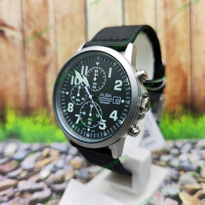 Promo Jam Tangan Pria ALBA Chronograph Strap Kanvas Hitam AM3853X1 Original COD