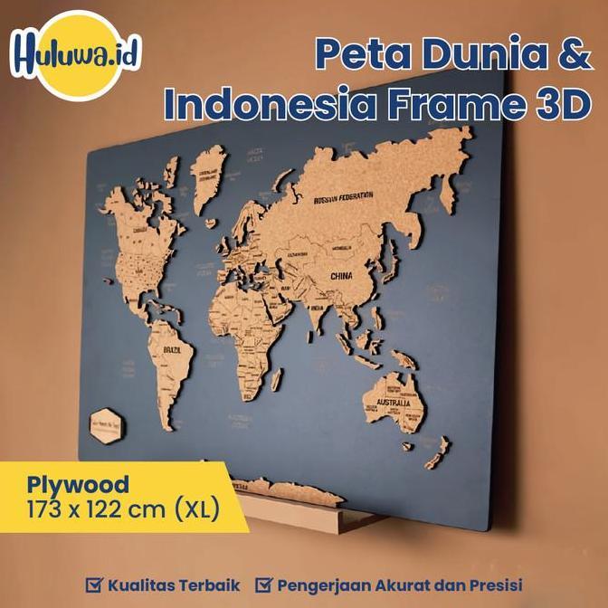 Peta Frame 3D / Peta Dunia & Indonesia Frame 3D / 3D Wall Map Decor Dinding