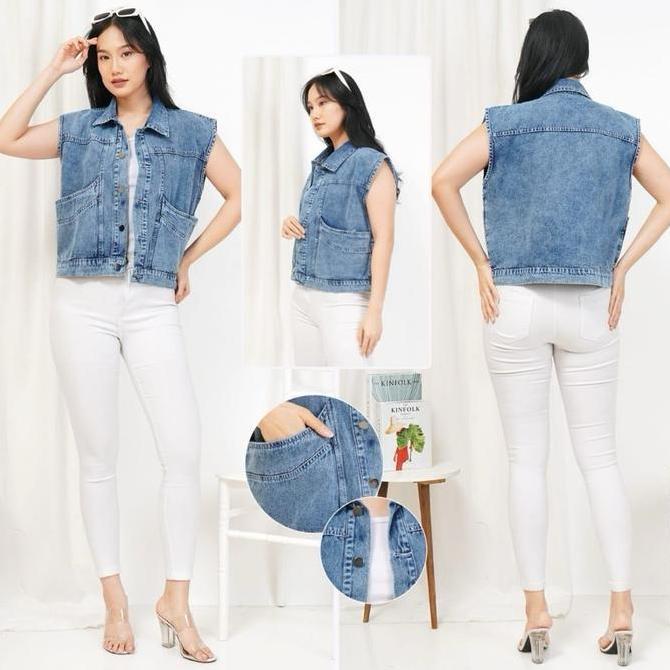 Promo ANGTIW - Rompi Vest Jeans Loona / Rompi Jeans Wanita Dewasa / Rompi Tanpa Lengan Pendek COD