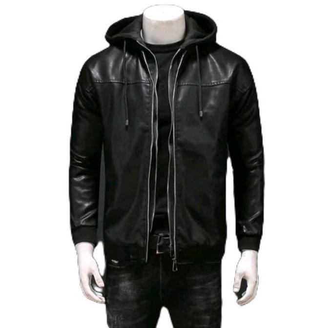 DV321 - JAKET SEMI KULIT KUPLUK/TOPI FLEECE NEW FASHION KEREN || COWO CEWE MOTIF TERBARU KEREN Hitam