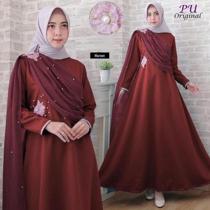Terbaru 5943 Gamis Merah Maroon Pearl Dress Mutiara Baju Kondangan Cantik 5942