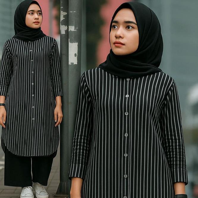 Poply Long Tunik Strip |  Atasan Tunik Panjang Muslim  Remaja Wanita Katun Motif Salur