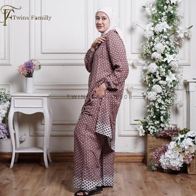 Twins Family - Raya Set Tunik Rayon Motif Wanita Muslim Baju Setelan Kulot Berhijab Gamis Celana Pan