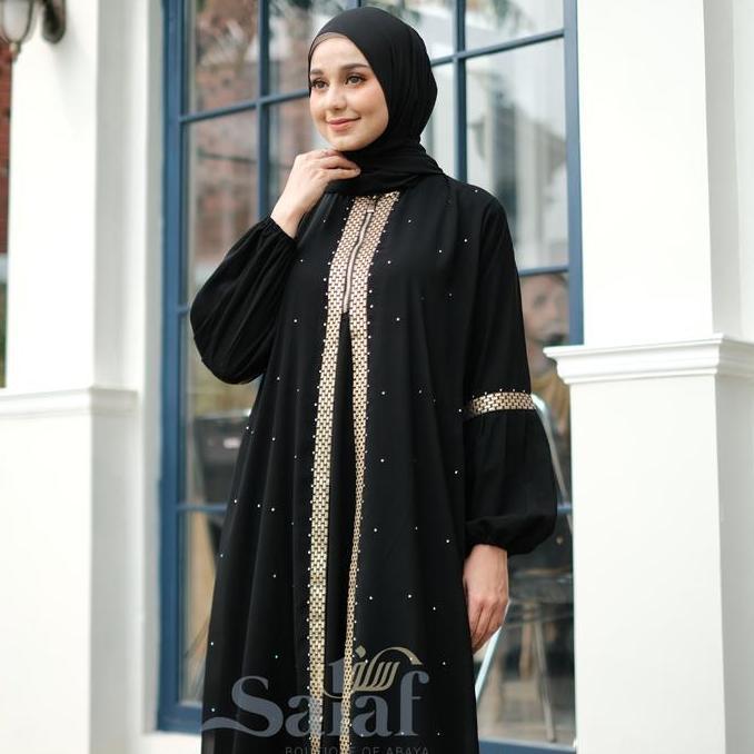 Gamis Hitam Turkey Abaya Arab Resleting Depan Maxi Dress Muslim Wanita Turki - Ziper Renda