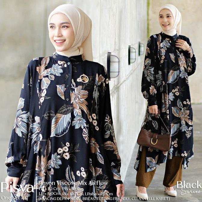 Pisya Setelan Wanita Muslim Rayon Viscose Mix Airflow Motif Etnik Batik Kombinasi Polos One Set Baju