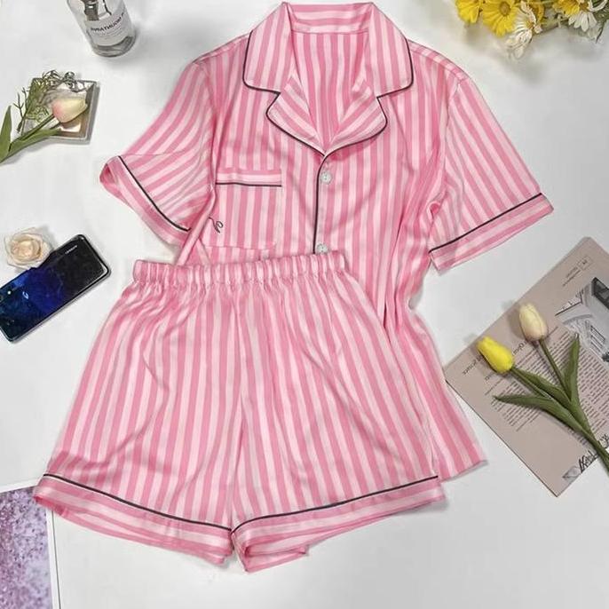 Vs Satin Short Pajamas Set / Stelan Piyama Wanita Lengan Pendek Celana Pendek / Baju Tidur Wanita Mo