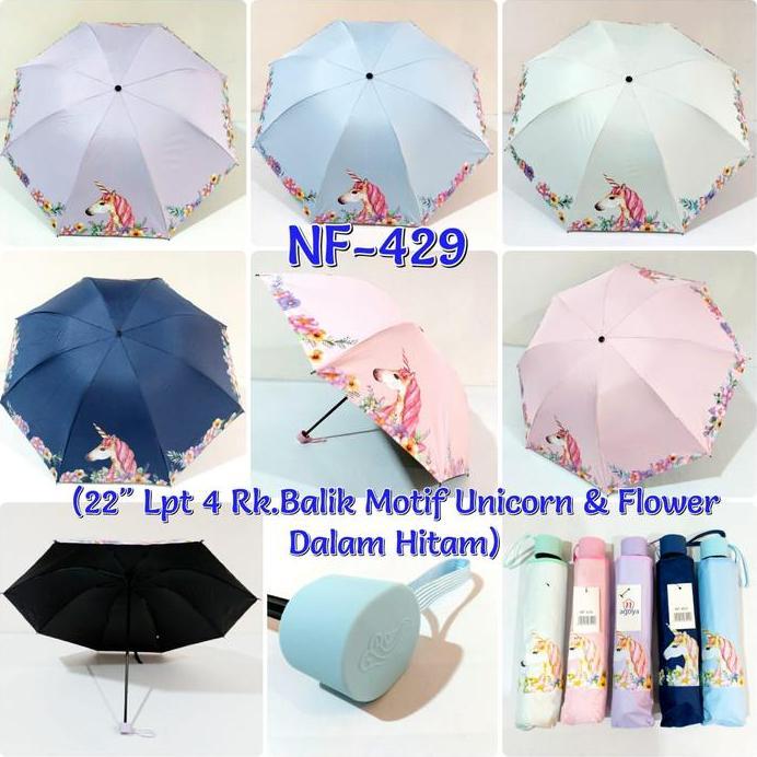 Payung Lipat 4 Nagoya NF429 Motif Unicorn Flower Dalam Hitam Umbrella murah