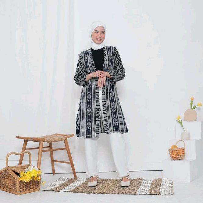 Cardigan Tenun Wanita Casual Motif Toraja Etnik - Cardigan Wanita Panjang Muslim  Baju Atasan