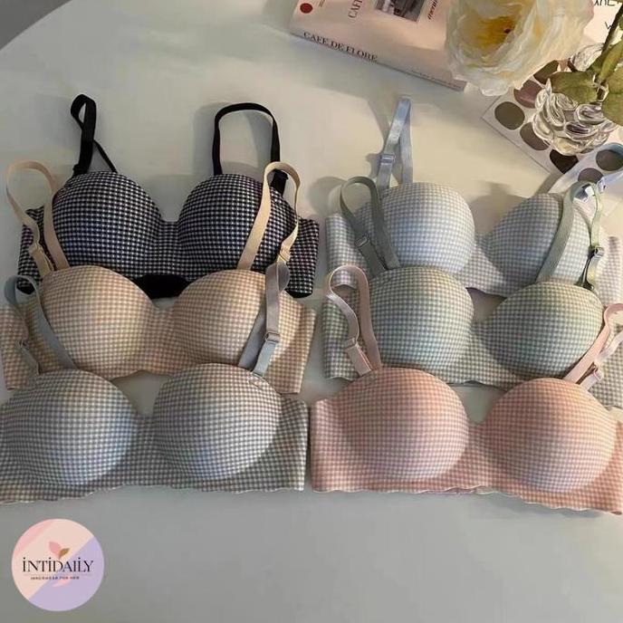 kaeme_syan - Bra Push Up Tanpa Kawat Motif Kotak Busa Tebal Lembut Harian
