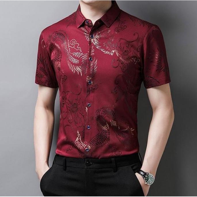 Kemeja Lengan Pendek Motif Naga untuk Pria Atasan Kasual