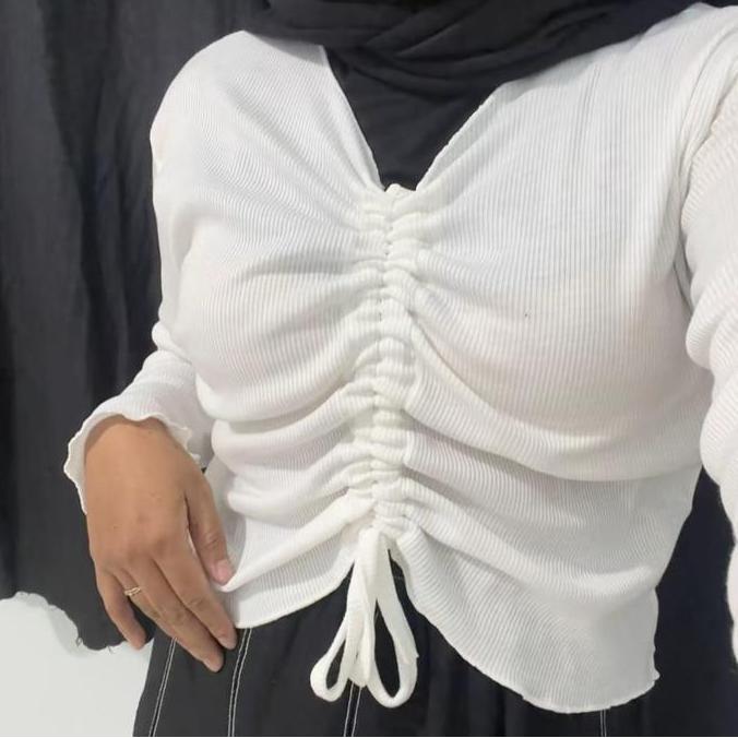 DA42 >> Atasan blouse knit serut depan lengan panjang Crop top V neck tali serut tengah