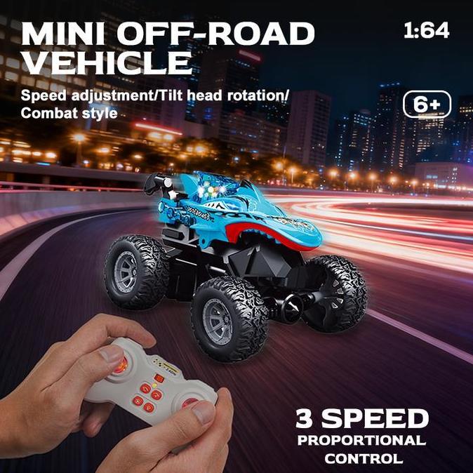 POKO 1:64 RC Stunt Car Monster Truck Mobil Remote Dinosaurus & Hiu, Bisa Berdiri Tegak & Efek Putar 