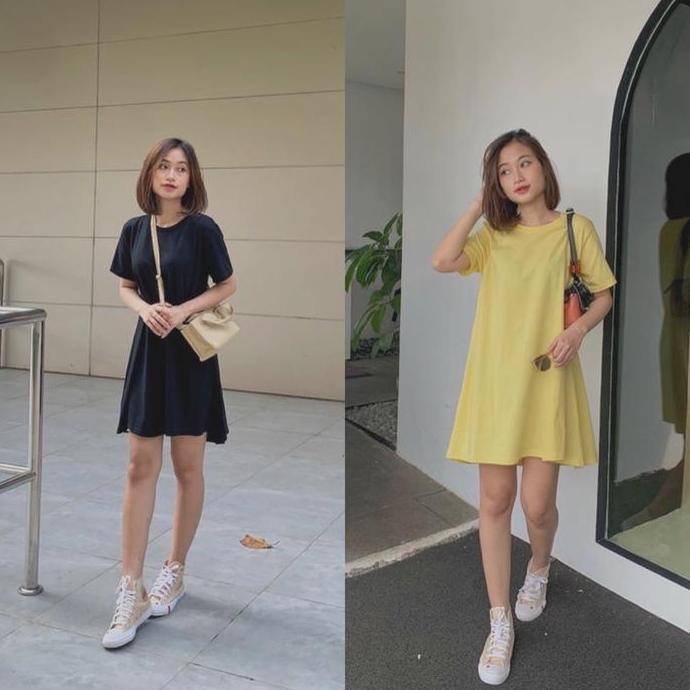 Naydee Dress Wanita Baju Lengan Pendek Selutut Bahan Kaos Katun Combed 30s Adem Stylish Untuk Dewasa