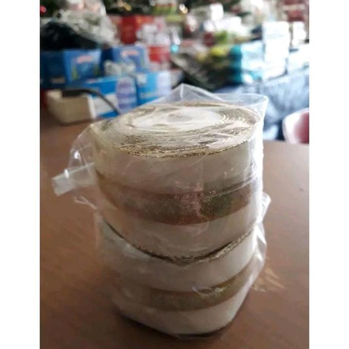 Hiasan dekorasi natal ornamen pita kain warna putih motif renda gold emas