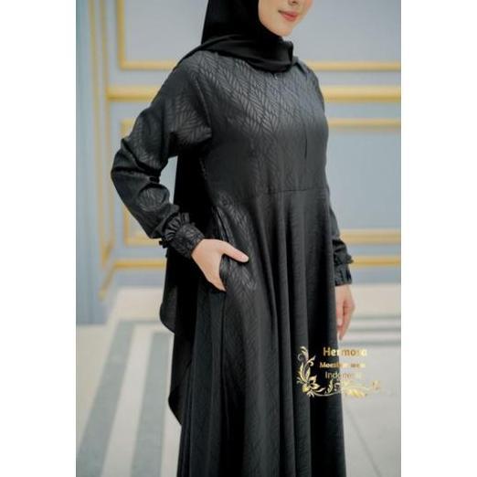 [Gamis Hermosa] Gamis embos hermosa motif padi warna hitam-Gamis hitam murah/gamis hermosa hitam mot