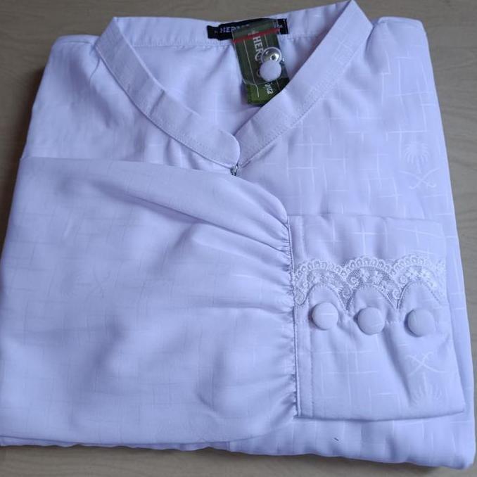 [Gamis hermosa]Gamis hermosa bahan wolfis embos motif azwa putih-gamis manasik haji-gamis umroh Kanc