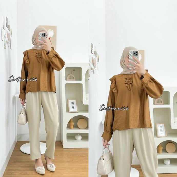 Danisha Blouse Atasan Wanita Rempel Bahu Bahan Polo Linen Blouse Wanita Kekinian Non-Busui