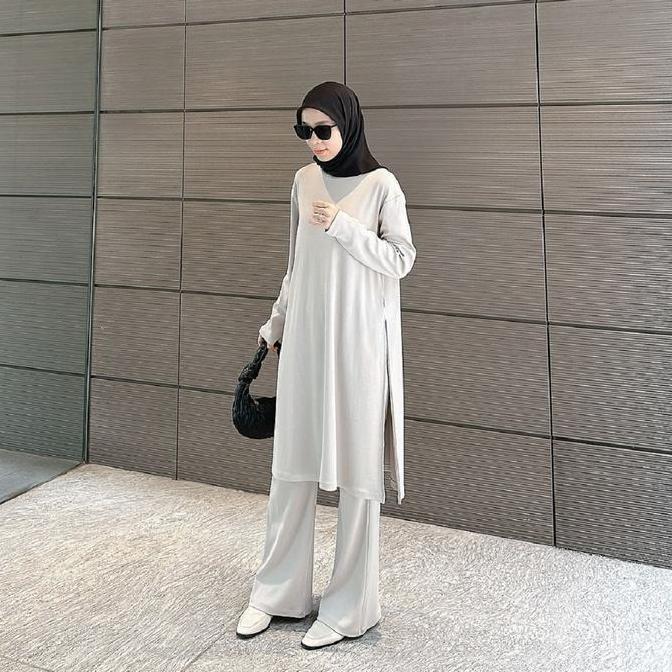 RUAME SHOP Yura One Set 2 in 1 Tunik + Kulot Snowy Rib Knit Polos Basic Setelan Wanita Korean Style 