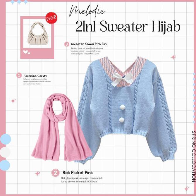 Baju One Set Hijab Style Rok dan Atasan | Pasmina, Sweater Kawai Biru Pita , Rok Plisket Pink | Outf