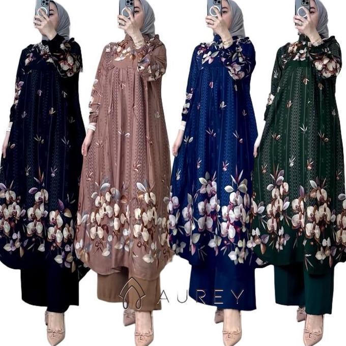 Aurey - Set Midi Delisha / Setelan Long Tunik Wanita / Oneset Long Tunik Kekinian / Set Celana