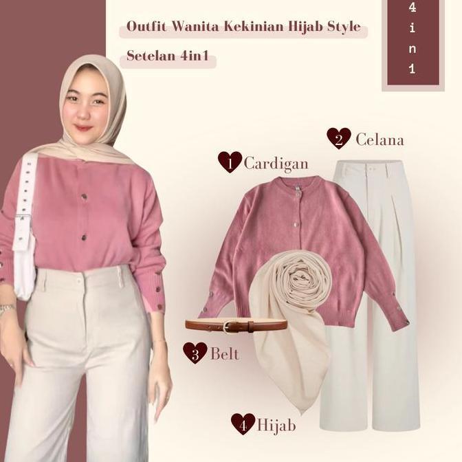 Setelan Remaja Kekinian Cardigan - Celana - Hijab Bella Square - Belt Outfit Set Wanita - LB049 Atas