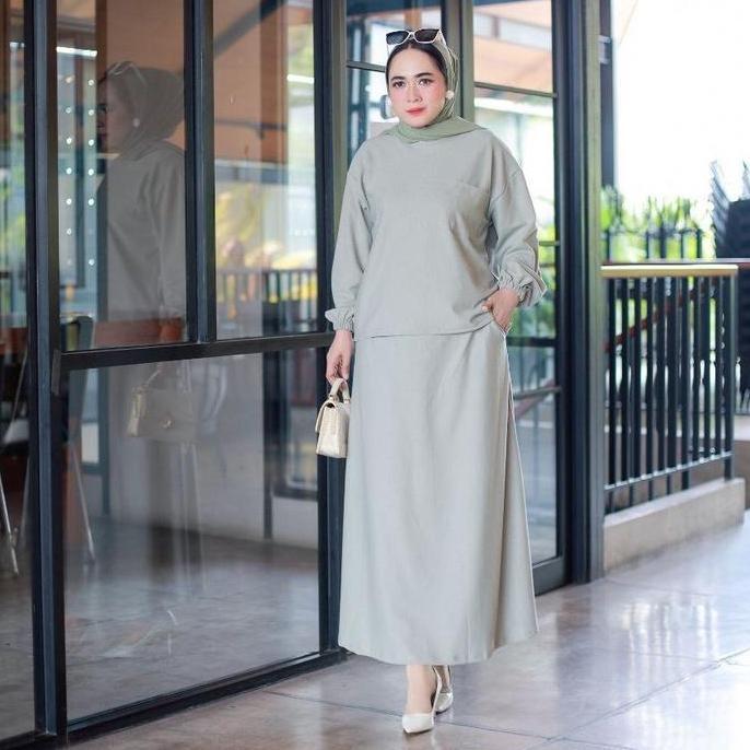 Baju Santai Setelan Rok Wanita Oversize Lengan Panjang