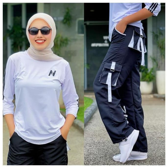 NEW - Setelan Senam Dan Olahraga Set Atasan N Putih Lis Hitam dengan Celana Senam Cargo Zumba Parasu