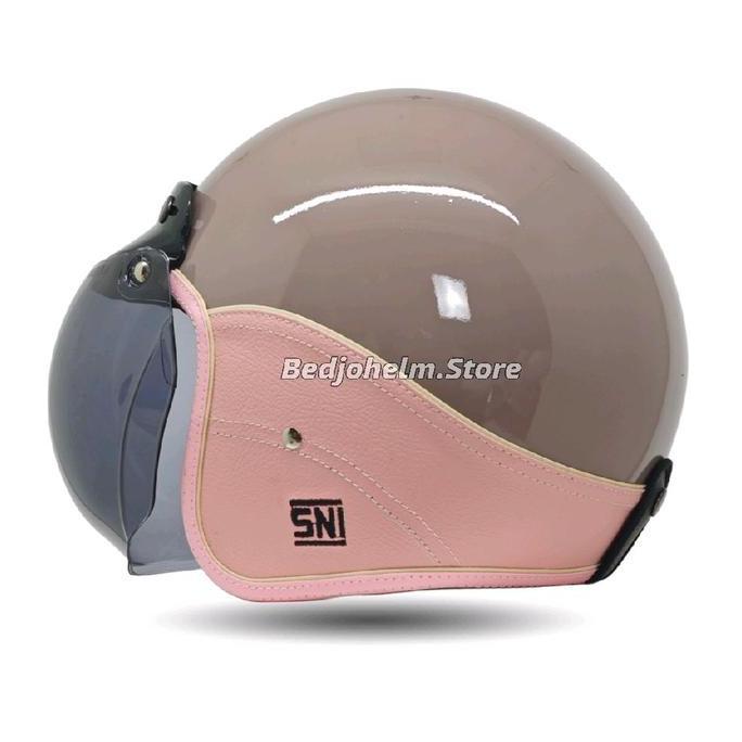 Helm Bogo Dewasa SNI Semi Kulit Polos Full Leher Busa Coklat - Motorcycle