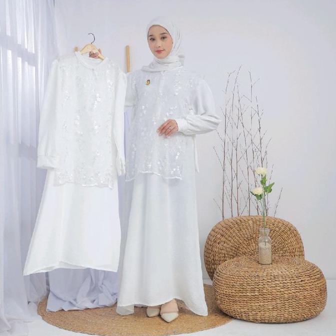 (HALLOVIN) Set Couple Ibu Anak Salvina Gamis Dress Bahan Crincle dan Outer Brukat Crincle Premium No