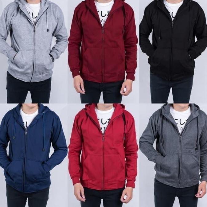 Jaket Polos Pria Cowok Hoodie Sleting Abu Muda Keren Casual
