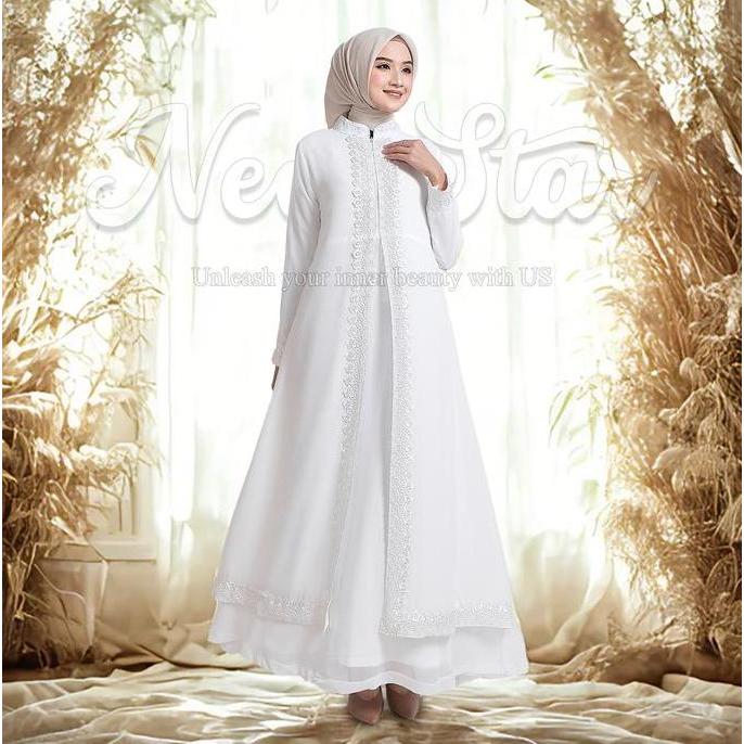 Newstar - Baju Gamis Putih Baju Muslim Wanita Kekinian Dress Abaya Warna Putih Terbaru Mewah Lebaran