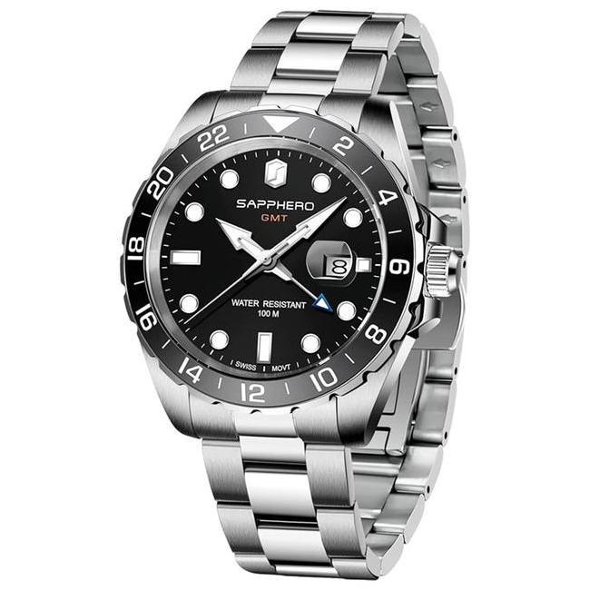 Jam Tangan Pria Sapphero So21063Blkblk Gmt Bla Dial Stainless Steel Strap Quartz Watch 10 Atm Water 