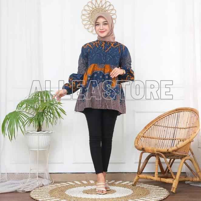 Atasan Blouse Batik Kekinian Lengan Balon, Atasan Blouse Batik Wanita Premium Size M-L7 Jumbo Baju B