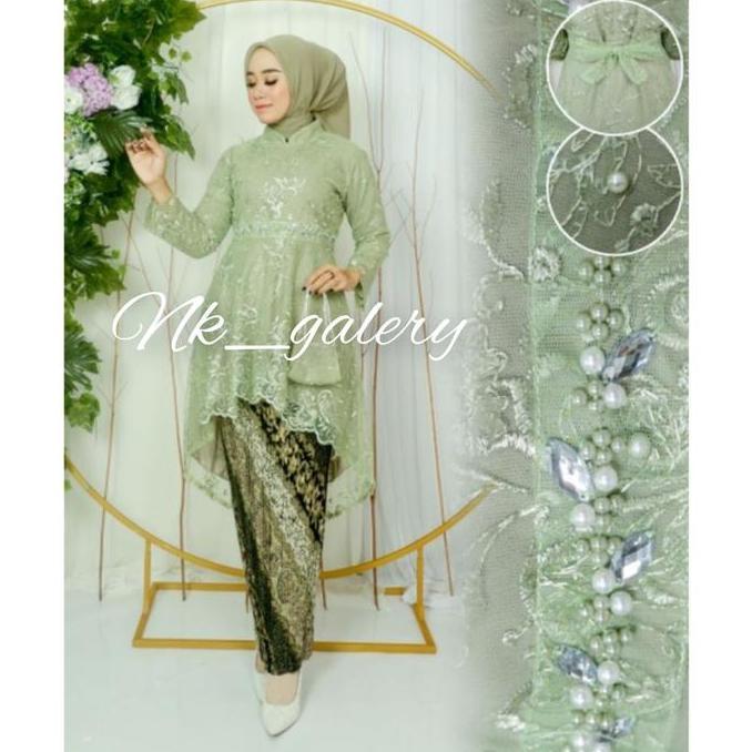 Couple Kebaya Sage Green Batik Cm Sage Mutiara Panjang  Payet  Pendek  Lilit  Wanita  Tunik  Dewasa 