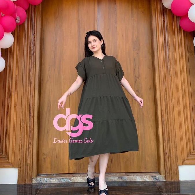 Daster Naura Dress Crinkle Airflow Ld 110 Polos V-Neck Kancing Lengan Ruffle Rempel Santai Nyaman Fi