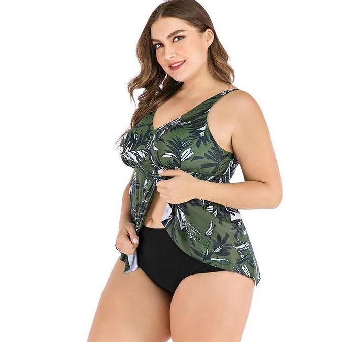 Tankini Wanita Swimsuit Hijau Motif Daun Jumbo Big Size Besar