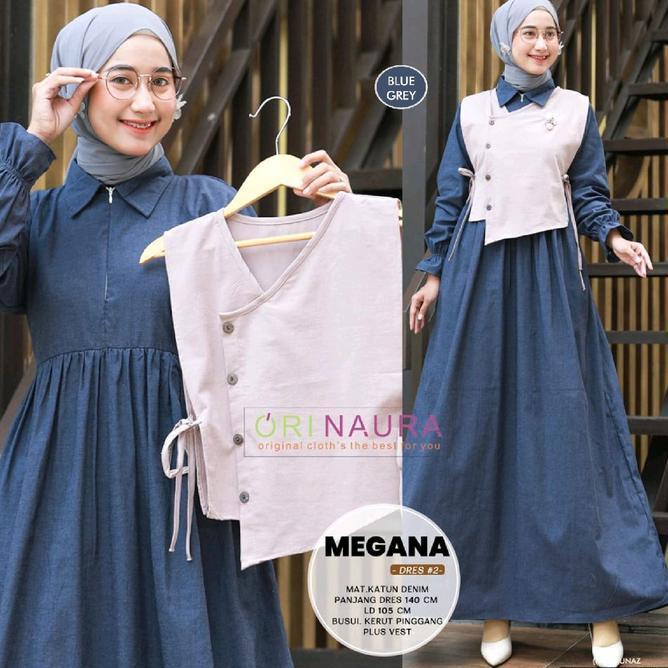 Megana Dres #2 & #3 - Gamis Kekinian Dres Plus Outer Polos Bahan Katun Denim & Denim Twill By Annair