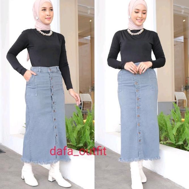 Rok Jeans Span Panjang Gisca Kancing Depan