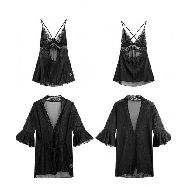 DV371 - Kimono Set Baju Tidur Boneka Lingerie Wanita Lace Tipis Piyama A0253