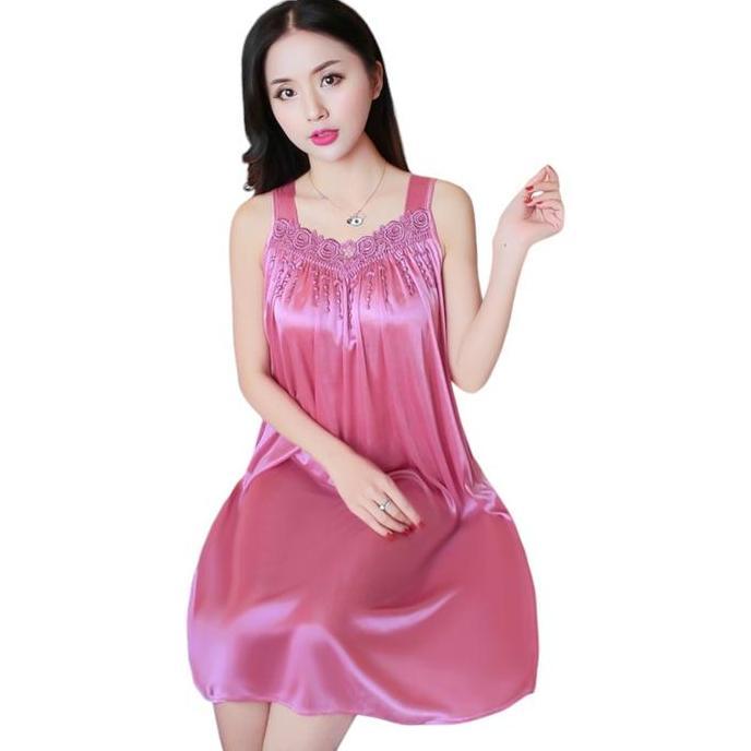 DI162 - { Cozy } Daster Dress Wanita Sexy Tanpa Lengan Gaun Tidur Deep Corak Bordir Brukat Flower Bu