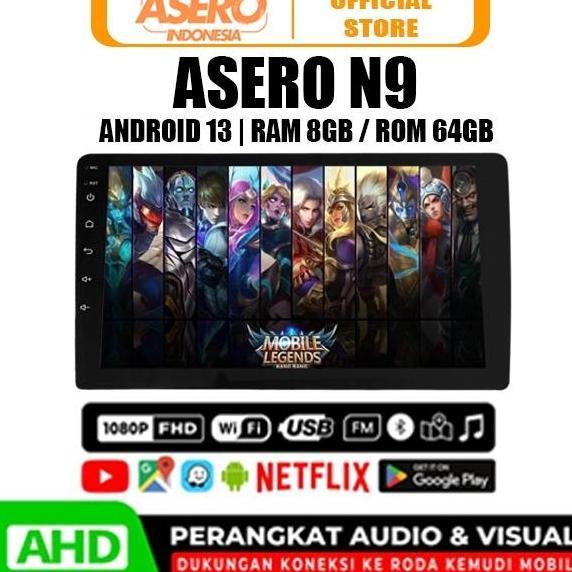 Asero X SNR Head Unit Mobil Android 13 8GB 64GB IPS Layar 9 Inci Kamera Belakang 480P GPS WIFI Bluet