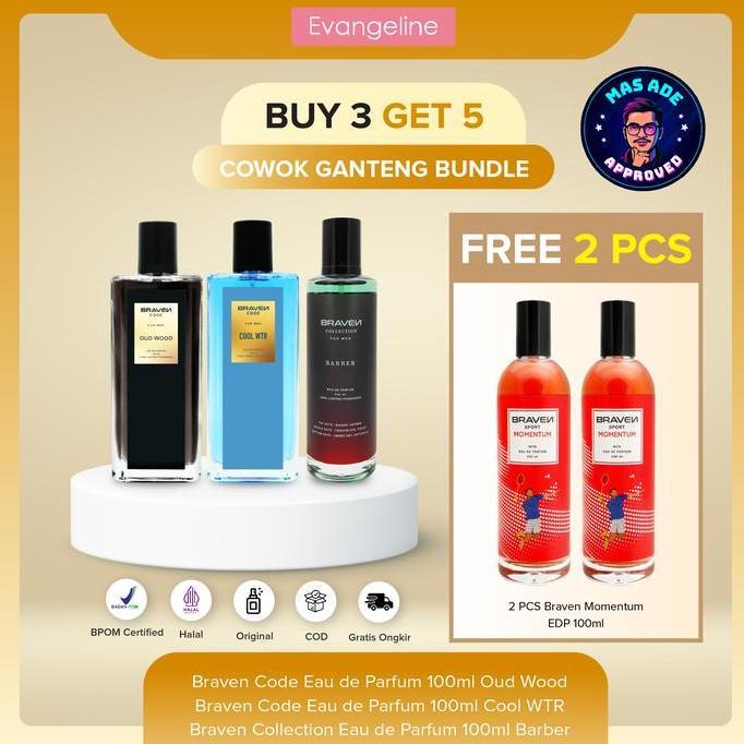 Cogan Buy 3 Get 5Cowok Ganteng Bundle | Braven Eau De Parfum 100Ml - Cool Wtr - Barber - Oud Wood - 