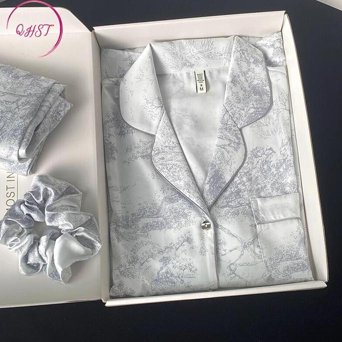 QHST Piyama Set Wanita Gaya Cina Lukisan Tinta Abu |  Lengan Panjang Celana Panjang | Baju Tidur Wan