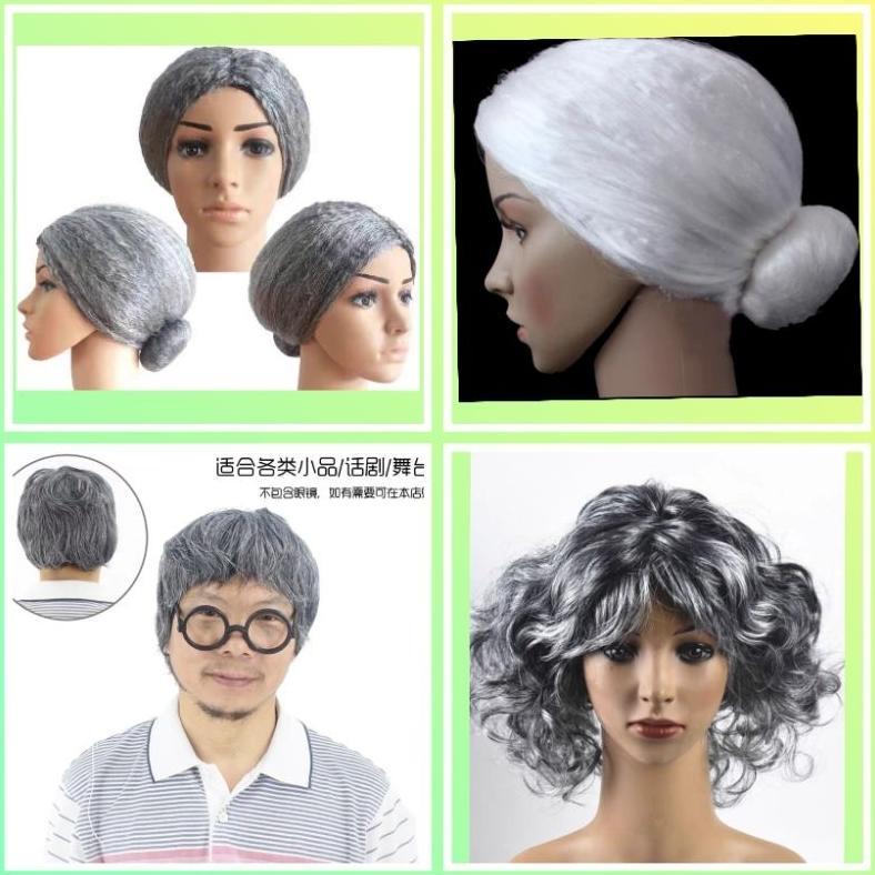alunan_dita - wig rambut palsu putih abu-uban / sanggul lansia / rambut cosplay pria & wanita