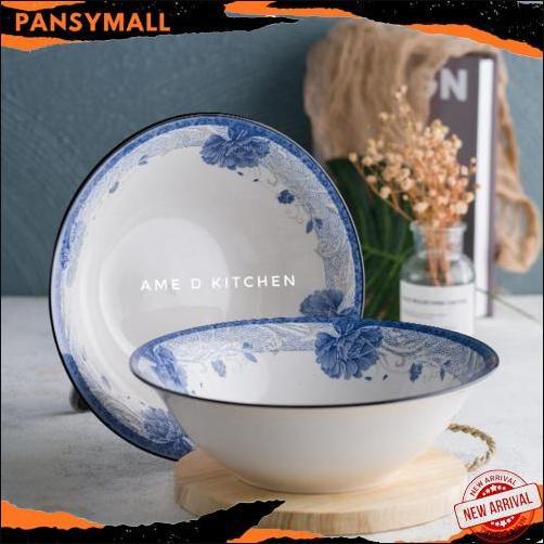 Cuci Gudang Mangkok Bijian Keramik Bulat Besar 9"/ Mangkok Sayur Motif Bunga Biru