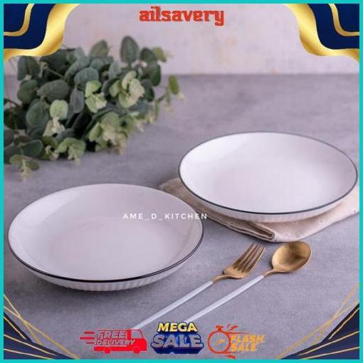 Harga Grosir Piring Bijian Bulat 9" Keramik Putih Texture Garis Pelipit