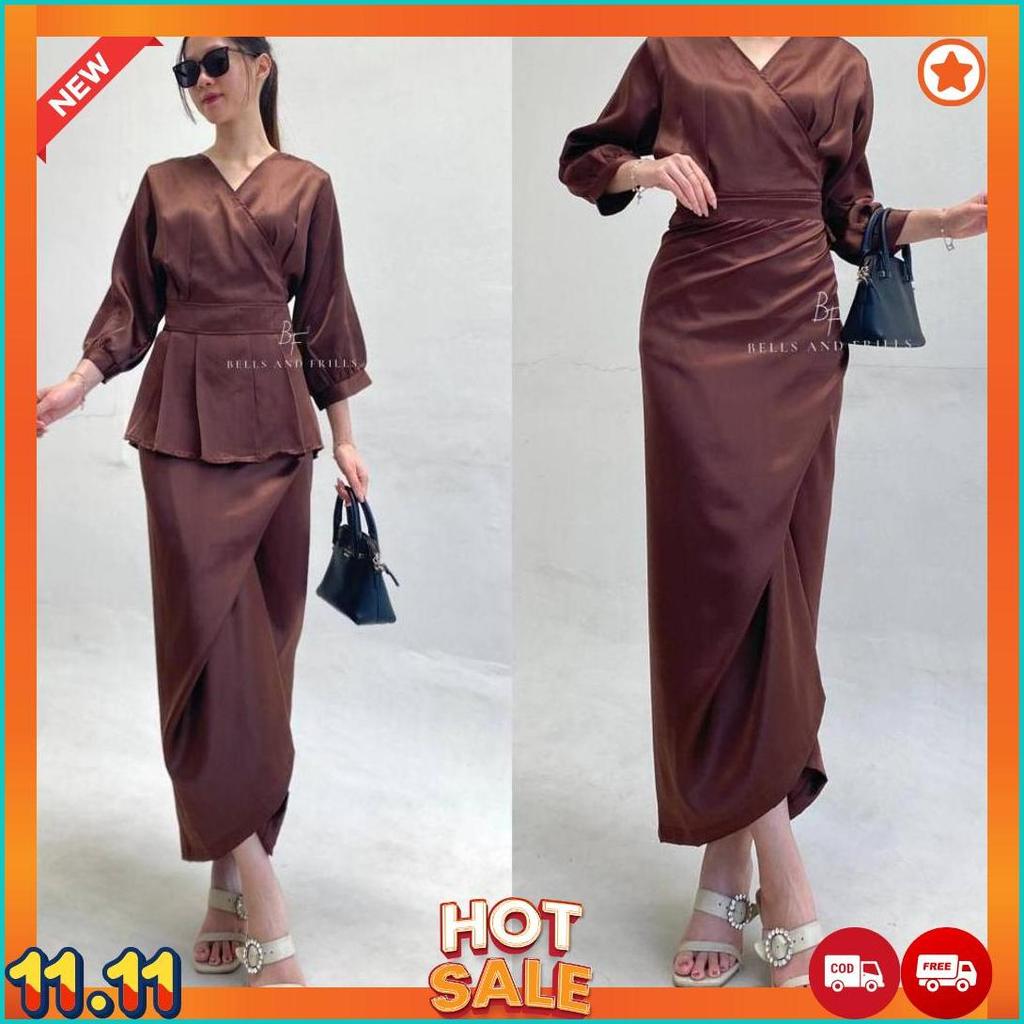Naura One Set Rok Lilit Satin + Kimono Blouse / Set Satin Wrap Skirt Kondangan / Oneset Satin Modern