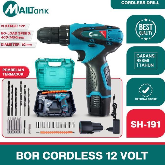 MailTank SH191 Mesin Bor Baterai Cordless Drill 12V MailTank , BOR CAS 2 BATERAI